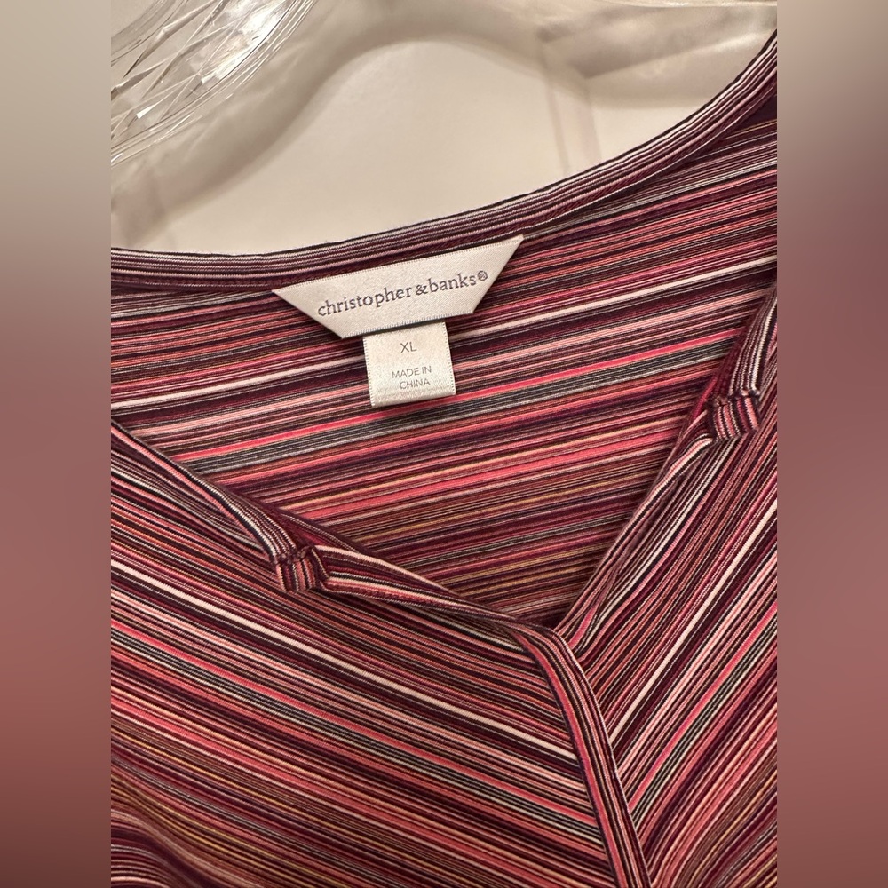 Christopher & Banks Striped V-Neck Top XL Pink Burgundy 3/4 Sleeve - Picture 4 of 6
